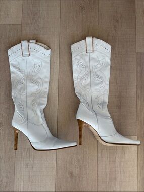 White Leather Western Stiletto Heel Ankle Boots – Size 36